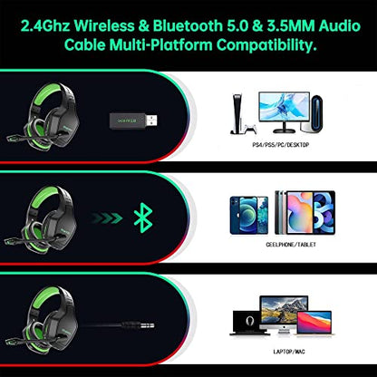 2.4G 无线游戏耳机带麦克风适用于 PC ， PlayStation 4 5 无线蓝牙 USB 游戏耳机带麦克风,适用于笔记本电脑,50 小时播放时间