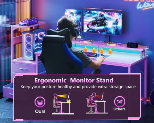 AODK Gaming Desk w/PC Showcase Stand, 59" Reversible, RGB LED - color: Pink, size: 59 Inches