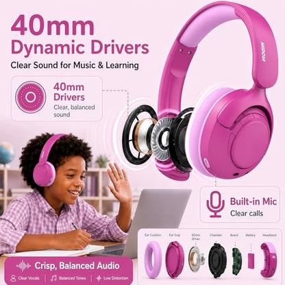 Kids Bluetooth Headphones Wireless,ANC,68H,Safe Volume Limit 85/94dB Pink | Active Noise Cancelling,Adjustable Headband Foldable Over-Ear for Toddler Girls Boys Tablet/iPad,HD Stereo,Built Mic - color: Rose Pink