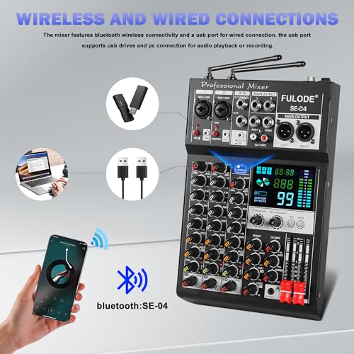 Audio Mixer, 4 Channel Sound Mixing Board With Dual Wireless Microphone & 99DSP, Professional DJ Console W/ MP3 Bluetooth 48V Phantom Power PAD USB Interface for Recording Home Karaoke Live Streaming