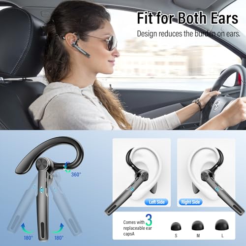 Bluetooth Headset, 2026 Wireless Bluetooth 5.3 Earpiece, 60Hrs Single-Ear Headset with Mute Button, Dual Noise Cancelling Mics, IP7 Waterproof Hands Free Headphone for Trucker, Business, Gray Black