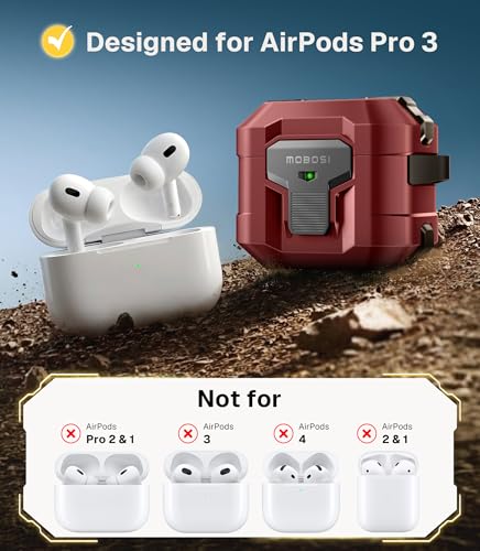 MOBOSI for AirPods Pro 3 Case 2025 with Drop-Proof Lock, Red | Cleaning Kit & Keychain, Compatible with MagSafe, Military-Grade Protection Hard Cover for iPods Pro 3rd Generation - color: Red