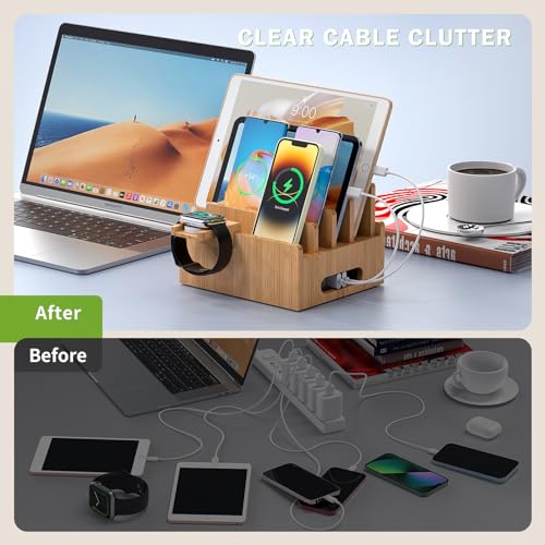 Pezin & Hulin Bamboo Charging Stand with Pack 5 Cables-Natural Bamboo | Dock Organizer for Multi Devices, Cell Phone, Tablets, Smart Watch, No Power Charger Block - color: Without Charger
