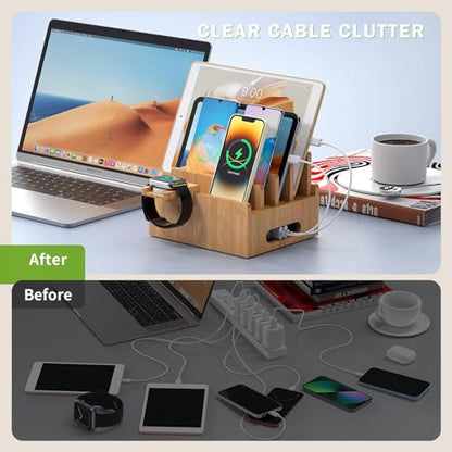 Pezin & Hulin Bamboo Charging Stand with Pack 5 Cables-Natural Bamboo | Dock Organizer for Multi Devices, Cell Phone, Tablets, Smart Watch, No Power Charger Block - color: Without Charger