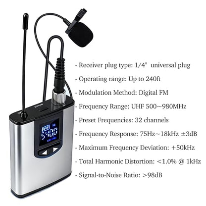 Wireless Lapel Microphone, UHF Lavalier Microphone System, Clip-on Lapel Mic with Bodypack Transmitter, Headset Mic, Receiver for Vlogging, Singing, 1/4" Output