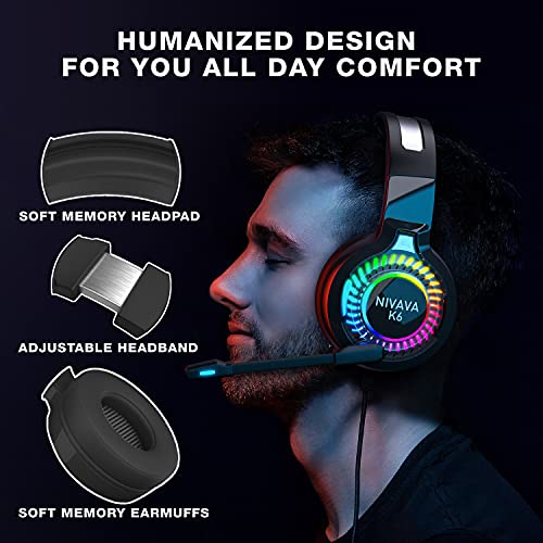 Gaming Headset for PS4, PC Headphones with Microphone LED Light Mic for Nintendo Switch PS5 Playstation Computer, K6(Black)