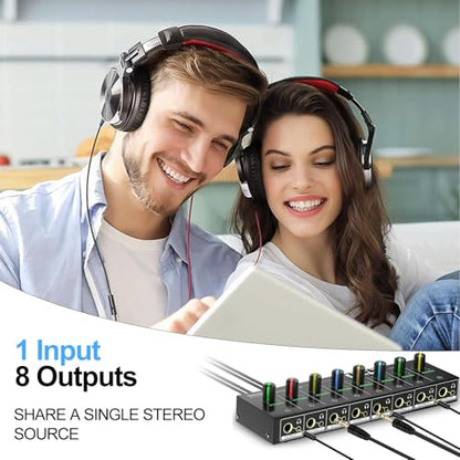 8 Channel Headphone Amplifier, 16 Outputs Stereo Audio Amplifier | Metal Headphone Amp with 1/4", 1/8" & RCA Inputs, RGB Volume Control, Stereo/Mono Switch for Studio, Podcast, Streaming - size: M