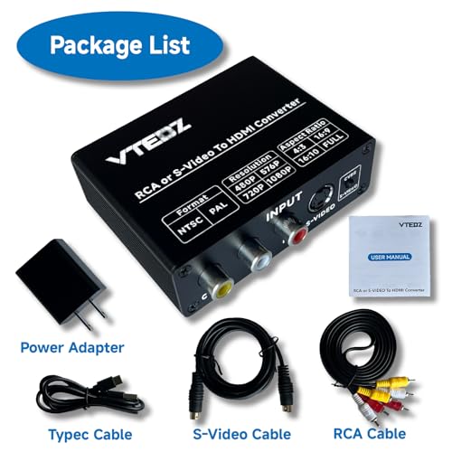 RCA/S-Video to HDMI Converter, Composite AV/Svideo to HDMI Adapter | 4:3/16:9/16:10/Full-Screen Modes, 480P/576P/720P/1080P Output, VCR/VHS/DVD/PS1/PS2/N64/Wii/GameCube/NES Classic Compatible