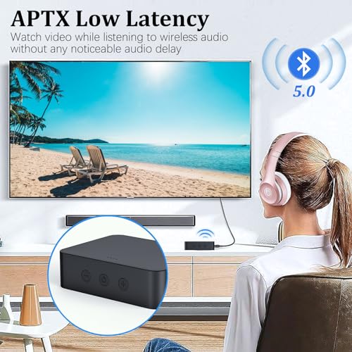Optical Bluetooth 5.0 Transmitter Receiver for TV to Headphones with Volume Control, Low Latency Wireless Audio Adapter Support AUX/Coaxial/Optical Audio Inputs for TV/PC/Airplane, No Battery