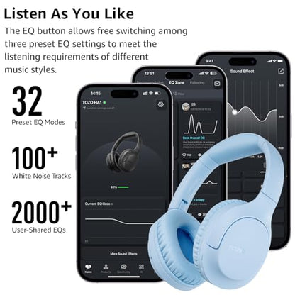 TOZO HA1 70H Over Ear Wireless Headphones Bluetooth 5.4 Foldable Headset | Deep Bass Stereo Sound, 32 Custom EQ Modes, Control Via Button, 78ms Low-Latency, Clear Call, Ideal For Travel Daily Use - color: Blue