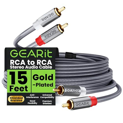 GEARit RCA Cables Car Audio 15ft OFC, Audio Cable with Dual Shielding & Gold-Plated Connectors, RCA Cable for Subwoofer Cable, Hi-Fi System, Amplifier, Active Speakers, Gaming Consoles - size: 15 Feet