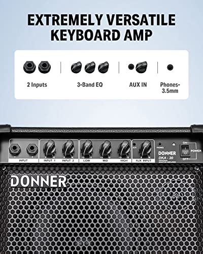 Donner DKA-20 Keyboard Amplifier 20 Watt Keyboard AMP with Aux in and Two Channels, Bass Guitar Amp, Piano Amplifier, Electronic Drum Speaker Support for Microphone Input - color: Black