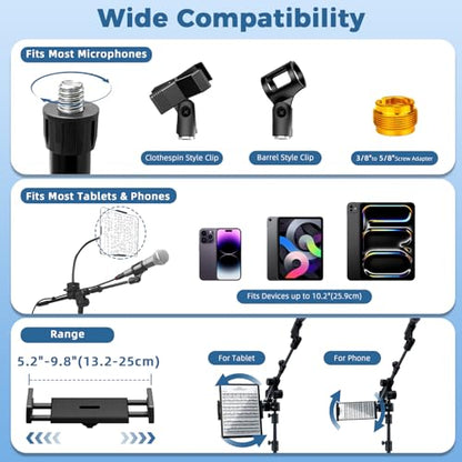 Microphone Floor Stand with Phone/Tablet Holder, Adjustable Boom Mic Stand with Heavy-Duty Base, Dual Device Mount for Streaming, Podcasting, Recording, and Live Performances GMS-04