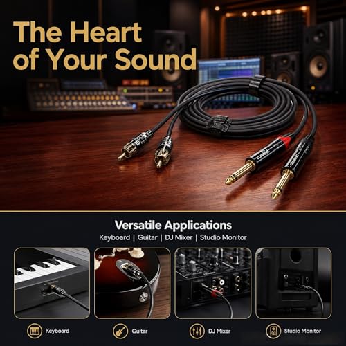 Dual 1/4 TS to Dual RCA Cable 6ft, OFC 24K Gold-Plated Multi-Layer Shielded Noise-Free Audio Interconnect for Home Studio, DJ Mixer, Amplifier – for Pioneer DJ, Yamaha, Focusrite Scarlett