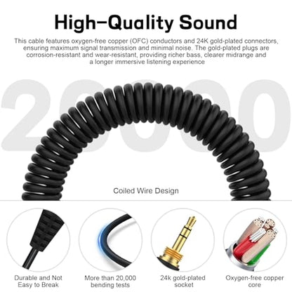 Replacement Audio Upgrade Cable for Sennheiser HD8 DJ, HD7 DJ, HD6 Mix, HD599, HD598, HD579, HD569, HD558 Headphones, 2.5mm to 3.5mm Aux Cord with 6.35mm Adapter Retractable Coiled Design (4FT-15FT)