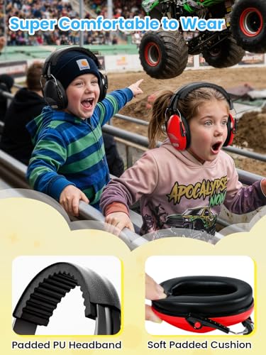 Dr.meter Ear Muffs for Noise Reduction: EM100 Kids Ear Protection Earmuffs | 27.4 NRR Kids Noise Cancelling Headphones with Adjustable Headband - Hearing Protection for Monster Truck Derby Fireworks - color: Black and Red