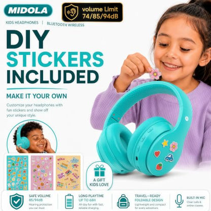 Kids Bluetooth Headphones Wireless 68 Hours,Safe Volume Limit 85/94dB | Adjustable Headband Foldable Over-Ear Lightweight Headsets for Toddler Girls Boys Tablet/iPad,HD Stereo,Built-in Mic,Cyan - color: Turquoise