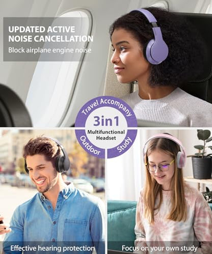 rockpapa E7 Wired/Wireless Bluetooth Headphones with Mic, 25 Hours Playtime | 2 in 1 Wire less Blue tooth Head Phones Foldable Lightweight for Kids Boys Girls Youth in School Airplane Car Purple - color: Purple Black, style: without Case