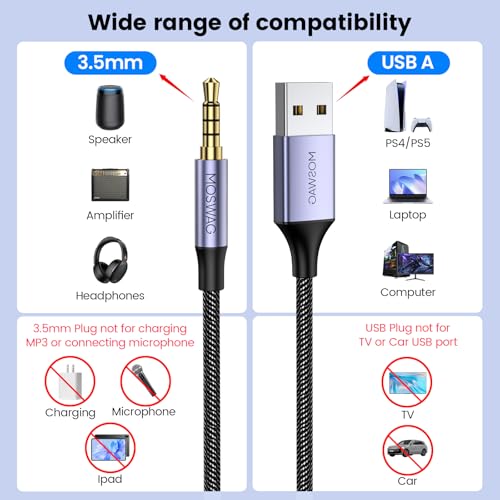 MOSWAG USB to 3.5mm TRRS Audio Jack Adapter with Microphone 3.3FT | USB to 3.5mm AUX Stereo Audio Cable, Nylon Braided AUX Converter, For PC, Laptop, Windows, Headphones No Charging Support - size: 1 meters