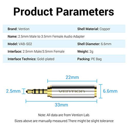 VENTION 3.5mm Female to 2.5mm Male Audio Adapter Converter Premium Quality Headphone Earphone Headset 2.5mm Male to 3.5mm Female Audio Connector Gold Plated 3 Ring Jack Stereo or Mono(2 Pack)