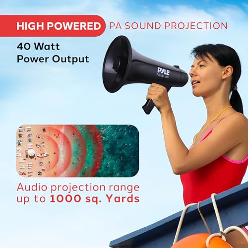 Pyle Megaphone Speaker PA Bullhorn - Built-in Siren 40 Watts Adjustable Vol Control & 1000 Yard Range - Football Soccer Baseball Hockey Basketball Cheerleading Fans Coaches & Safety Drills - PMP43IN, Black