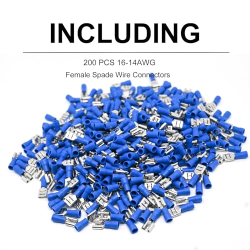200pcs Female Spade Connectors 1/4" 6.3mm Vinyl Insulated Quick Disconnect Terminals, 16-14 AWG Tin-Plated Brass Crimp Connectors-Blue