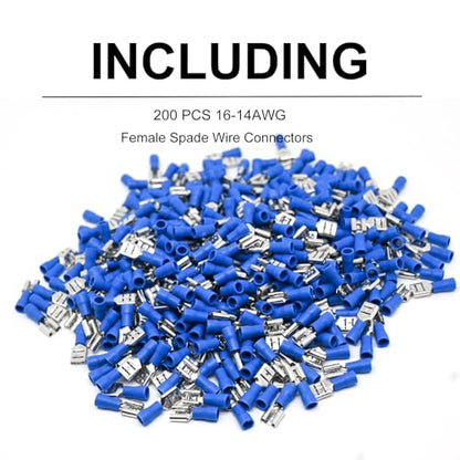 200pcs Female Spade Connectors 1/4" 6.3mm Vinyl Insulated Quick Disconnect Terminals, 16-14 AWG Tin-Plated Brass Crimp Connectors-Blue