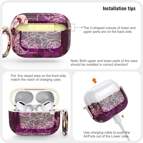 wenew case for Airpods Pro 2 Case, Flower Airpod Pro Slim Hard Case Cover with Carabiner for Women Girls (Golden Purple) - color: Golden Purple