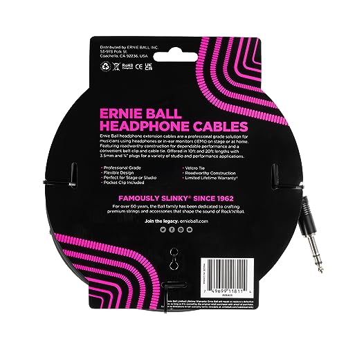 Ernie Ball Headphone Extension Cable 1/4 to 3.5mm 20ft - Black - size: 20 feet, style: 1/4" to 3.5mm