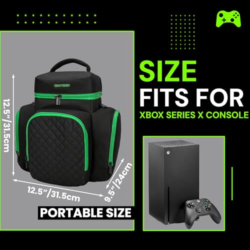 CROTIRAD Carrying Case for Xbox Series X with Multiple Storage Pockets | Water-Resistant Padded Travel Bag with 6 Pouches for Controllers, Headset, Game Discs, Cables, SSDs & Accessories, Green Zip