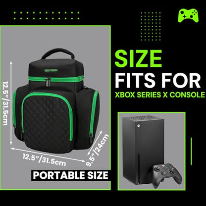 CROTIRAD Carrying Case for Xbox Series X with Multiple Storage Pockets | Water-Resistant Padded Travel Bag with 6 Pouches for Controllers, Headset, Game Discs, Cables, SSDs & Accessories, Green Zip