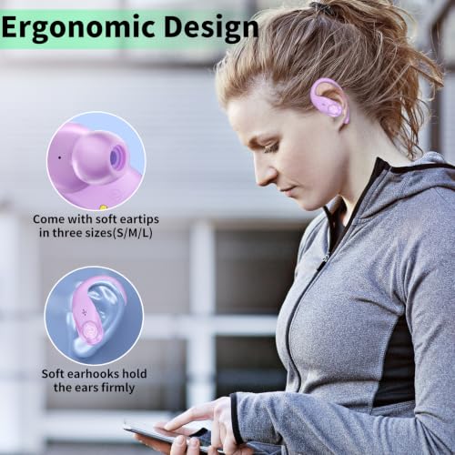 Wireless Earbuds with Ear Hooks 96H Playtime for iPhone Android | LED Display Deep Bass Stereo Sound Built in Mic Sweat Resistant Design Low Latency Mode for Sports Gaming - color: Purple
