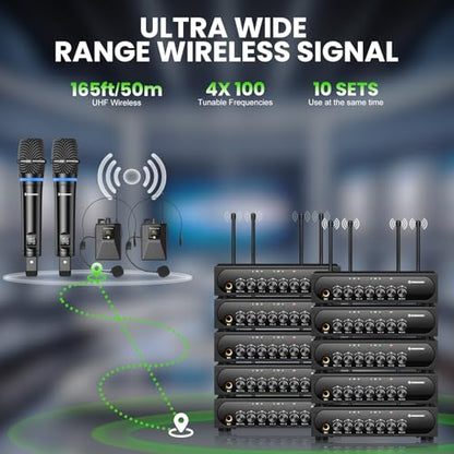 4 Channel UHF Wireless Mic Set with Handheld/Bodypack/Headset/Lapel Mics with Bluetooth Receiver Box + Volume Control Echo for Karaoke PA DJ Party (Wireless Microphone System)