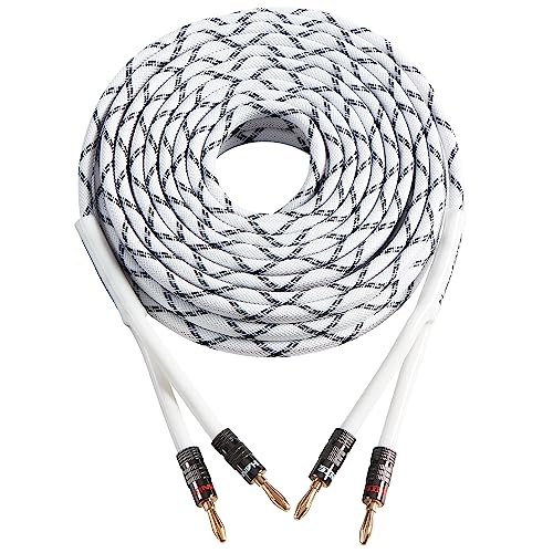 12AWG Speaker Cable (3 Feet), 1 Pack Premium Heavy Duty Braided Speaker Wire with Dual Gold Plated Banana Plug in-Wall CL2 Rated, Oxygen-Free Copper (White) - color: White