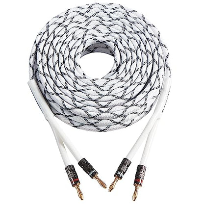 12AWG Speaker Cable (3 Feet), 1 Pack Premium Heavy Duty Braided Speaker Wire with Dual Gold Plated Banana Plug in-Wall CL2 Rated, Oxygen-Free Copper (White) - color: White