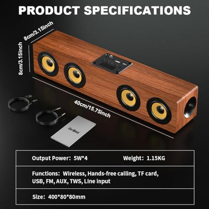 Retro Wooden Bluetooth 5.3 Portable Soundbar Speaker, 20W 2.0 Stereo with Bass Boost, TWS Pairing, USB/TF/AUX/FM Radio, for PC, Monitor, Laptop, Tablet & Smartphone