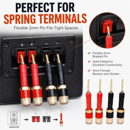 Banana Plug to 4mm Female Adapter 4-Pack, 30A Gold-Plated Spring-Loaded Flex Pin, Color-Coded Red/Black, 6-24AWG for Yamaha Sony Denon Amplifier Receiver Home Theater Speaker Binding Post Wall Plate