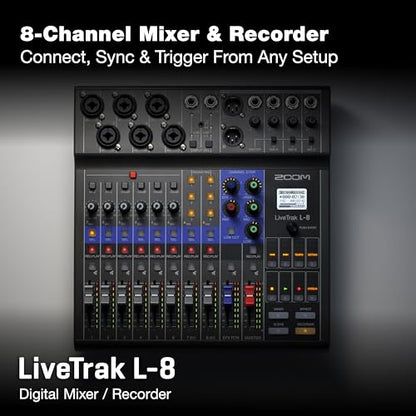 Zoom LiveTrak L-8 Battery Powered Mixer/Recorder for Musicians & Podcasters | 8-channel digital mixer with 12-in/4-out USB interface and 6 sound pads for podcasting, music and live streaming