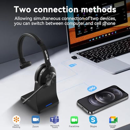 Wireless Headset with Mic for Work,Wireless Computer Headset(Bluetooth V5.3 + USB Dongle)w/Noise Cancelling Mic & Mute Button,Long Battery Life for Work,Zoom,Teams,Online Meetings,Home Office