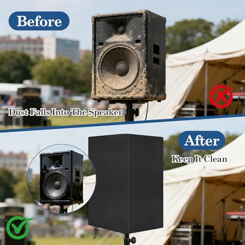 Klmnop 15 Inch Outdoor Speaker Covers, 2-Pack Weatherproof Waterproof & UV Protection Dust Cover for PA DJ Powered Speakers, Heavy-Duty 800D Thick Oxford Fabric(Black)