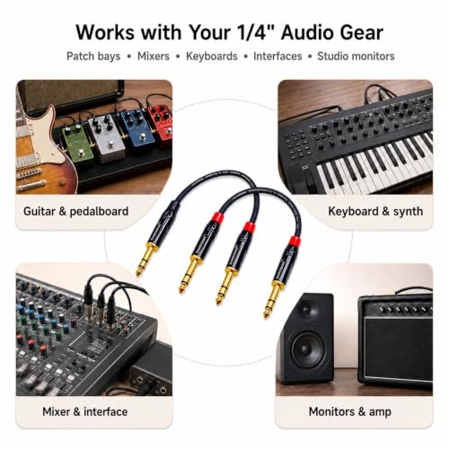 TRS Cable 1/4 Inch 6 Inch 2-Pack Gold-Plated Balanced for Guitar Keyboard | 2x 6in Balanced TRS Patch Cable 20AWG OFC Shielded for Mixer Amplifier Studio Monitor Pedalboard