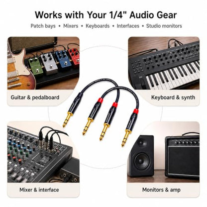 TRS Cable 1/4 Inch 6 Inch 2-Pack Gold-Plated Balanced for Guitar Keyboard | 2x 6in Balanced TRS Patch Cable 20AWG OFC Shielded for Mixer Amplifier Studio Monitor Pedalboard
