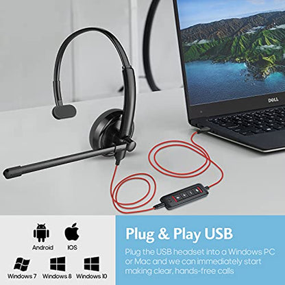 HROEENOI Premium USB Wired Headset with Noise-Cancelling Microphone, Ideal for PC, Laptop, Zoom Calls, Skype Meetings, Call Centers, and Home Office Use with In-Line Controls for Volume & Mic Mute