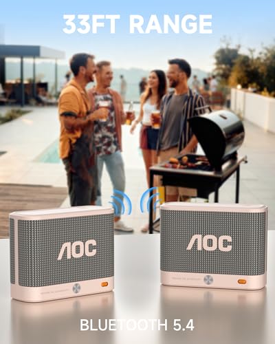 AOC Portable Bluetooth Speaker, Shower Speaker, BT 5.4 with Wireless Stereo Pairing, BassUp, IP65 Waterproof, Dustproof, 30-Hour Playtime, Compact Small for Home, Outdoors, Travel, White
