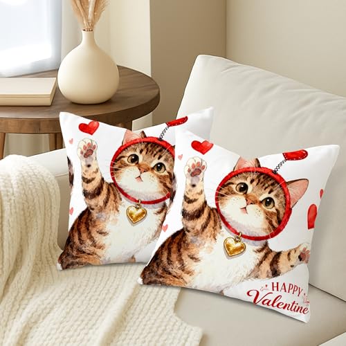 Cat Throw Pillow Covers Set of 2, Playful Fanciful Hearts Red Headband Valentine Red Soft Velvet Washable Cushion Covers Pillow for Home Bedroom Living Room Sofa Couch Decor 12x12 Inch - size: 12" x 12" (Pack of 2)