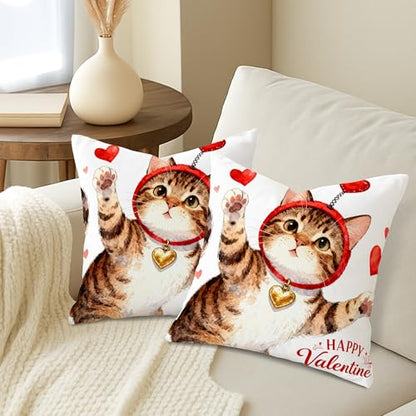 Cat Throw Pillow Covers Set of 2, Playful Fanciful Hearts Red Headband Valentine Red with Hidden Zipper Cover Decorative Pillows for Home Bedroom Living Room Sofa Couch Decor 14x14 Inch - size: 14" x 14" (Pack of 2)