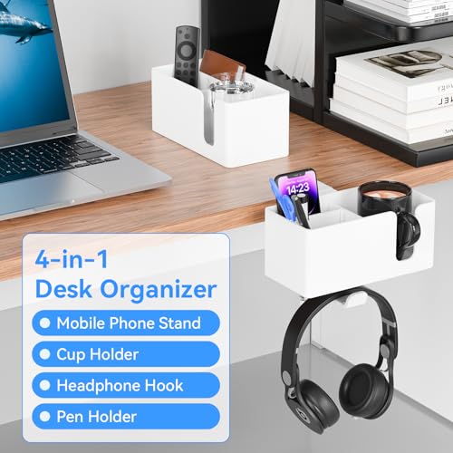 Desk Cup Holder Clamp with Headphone Hanger and Storage Tray | Clamp on design, rotating headphone hanger, detachable storage tray, cable holes, fits 5-50mm desks - color: White