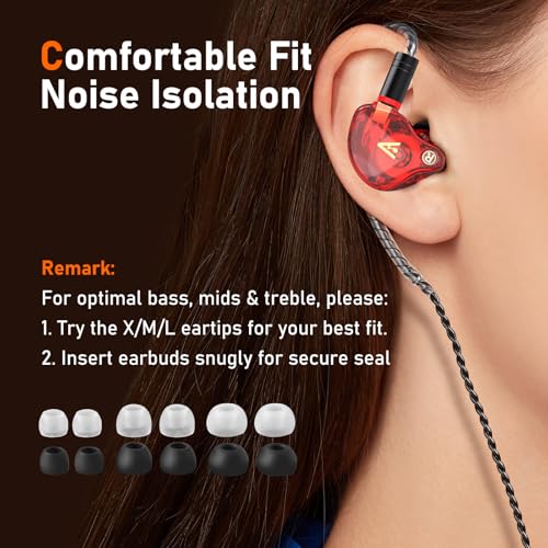 Audiovance Vibes 202ML HiFi 유선 이어버드, 아이폰 14/13/12/11/X, 프로 맥스용 | 마이크가 있는 인이어 헤드폰, 선명한 사운드, 딥 베이스, 소음 차단 이어버드, 실버 도금 코드, 편안한 핏, 케이스 - color: 3-레드