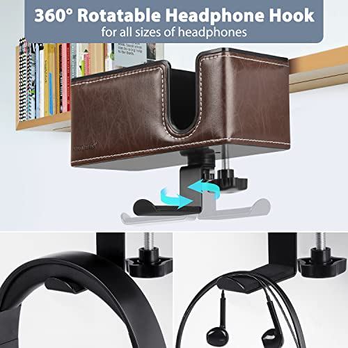 Under Desk Cup Holder Clamp on Cup Holder PU Leather Clip on Desk Organizer | Desk organizer with pencil holder clamp on side, under desk hanging organizer, clip on cup holder desk phone stand holder PU - color: Brown