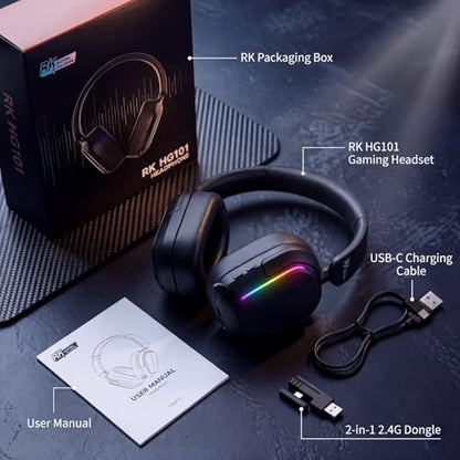 RK ROYAL KLUDGE HG101 Wireless Gaming Headset, 7.1 Surround Sound, Stereo Wired Headphones with Retractable Mic, Bluetooth 5.3, RGB, Memory Foam Ear Pads, Works with PC, PS4, PS5, Switch, Black - color: Black